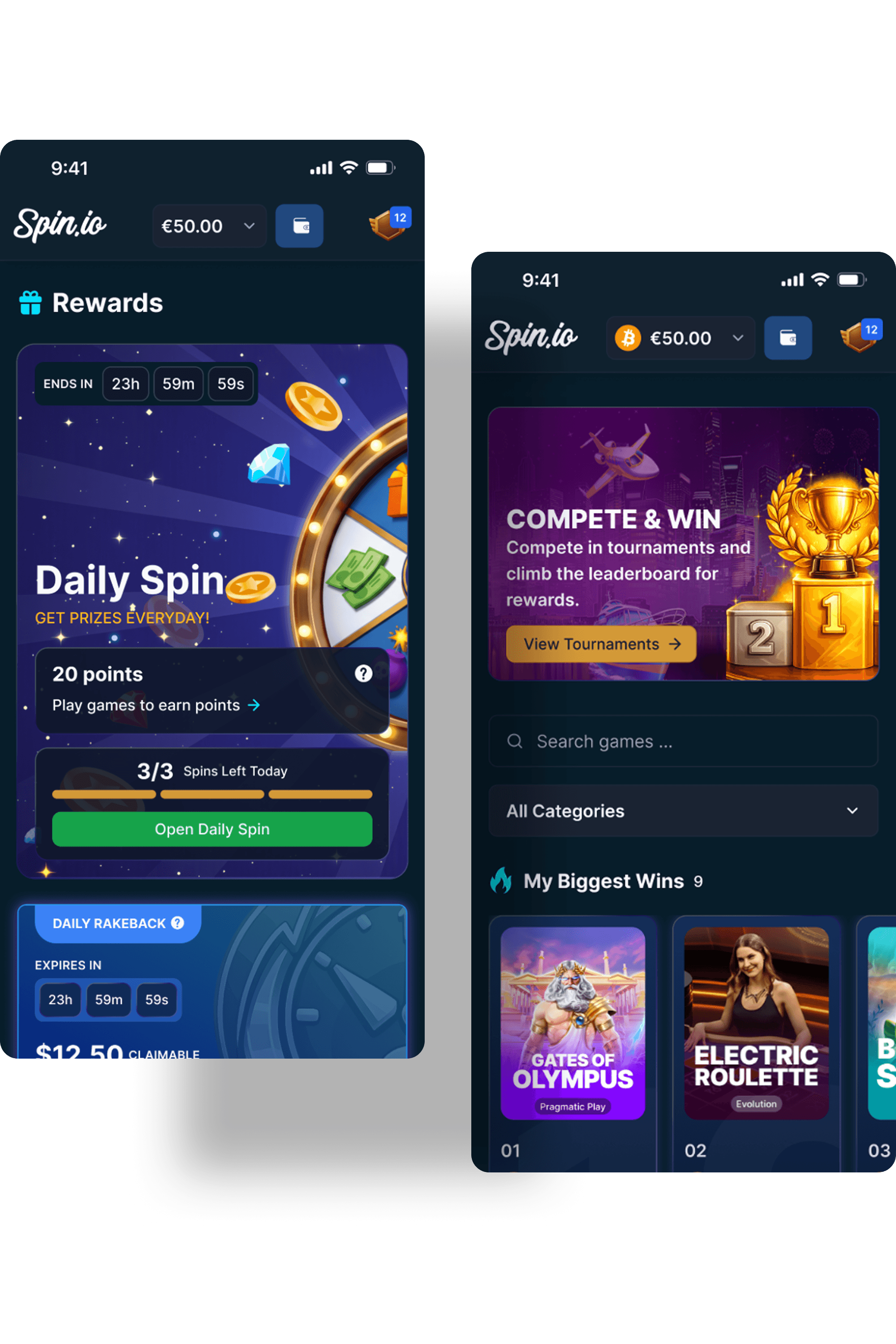 Spin.io mobile screens